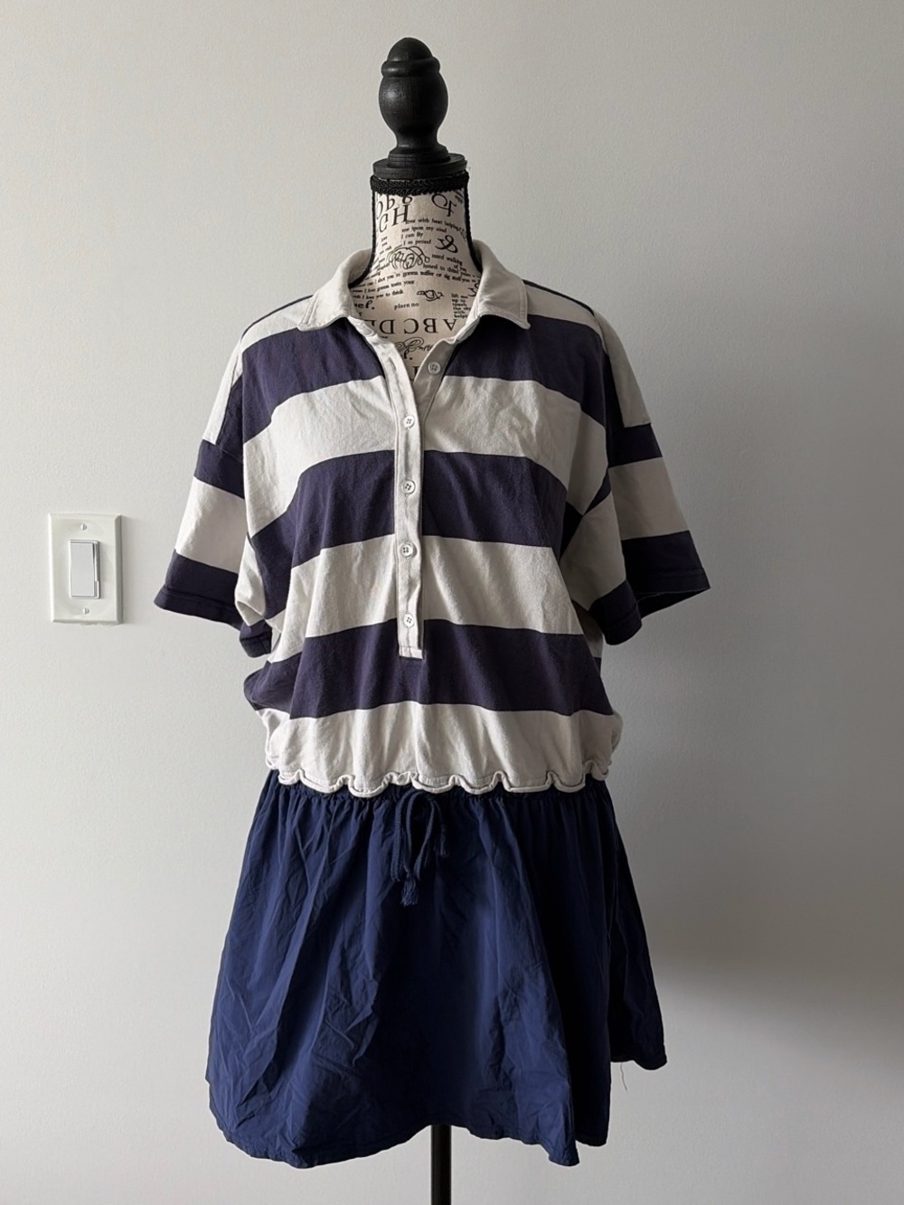 Striped Polo Button-Down Twofer dress in Navy and Cream